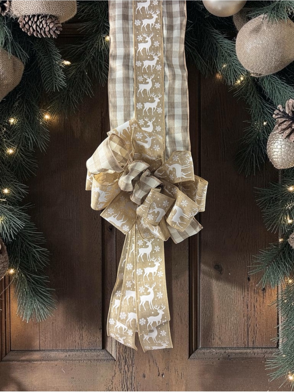 Festive White Reindeer Burlap double Bow -Front door Ribbon Decoration w/lights